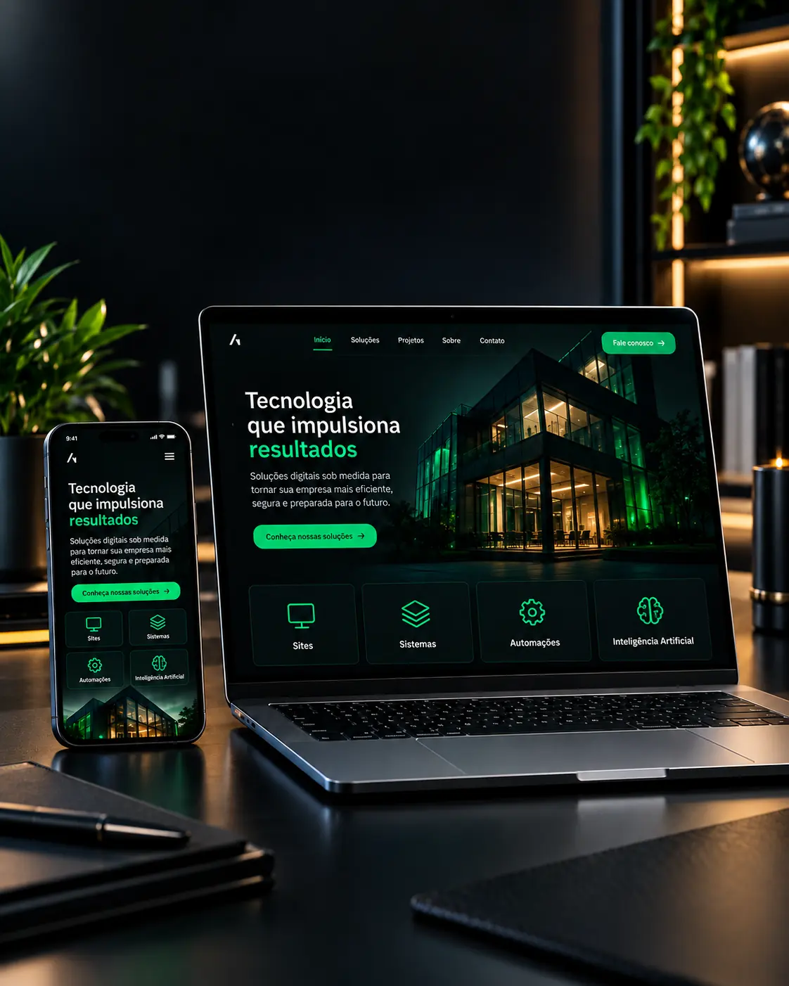 Notebook e celular exibindo uma solução digital responsiva da VTATECH